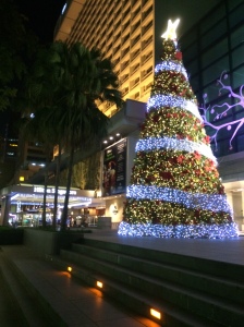 Lights on Orchard Road in Singapore.  Note the palm tree next to the Christmas tree.
